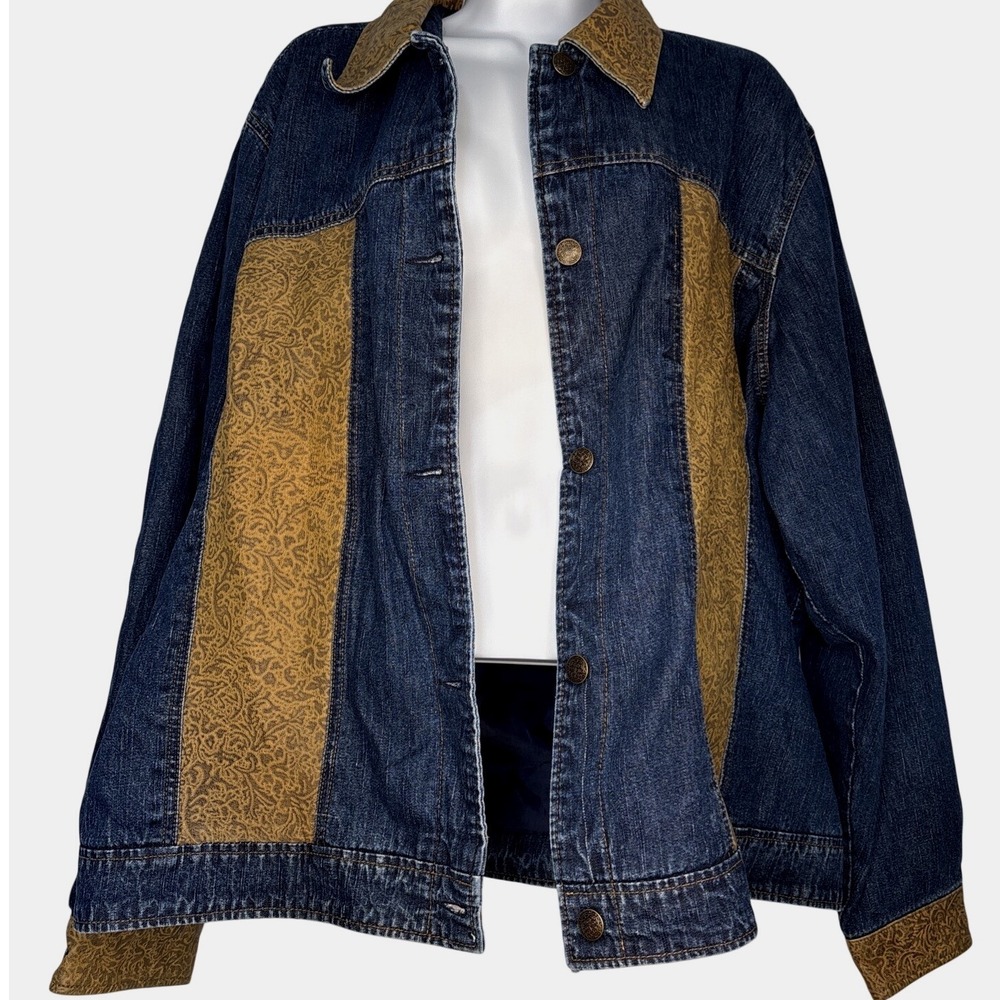 Coldwater Creek 3X Denim Jacket Blue Gold Paisley Faux Leather Trim Western Boho